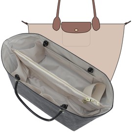 KESOIL Purse Organizer Insert Compatible with Longchamp LePliage, Tote Bag Insert with Elastic Cup Holder, Key Chain & Zippered Pocket, Waterproof Divided Liner Shape Keeper, Black&White