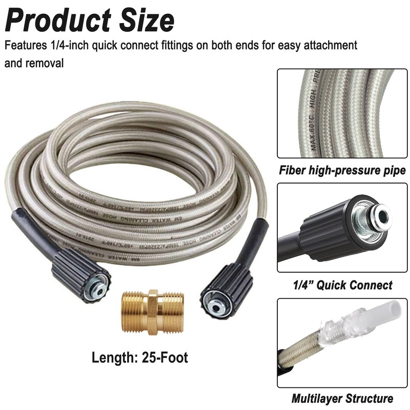 25-Foot Pressure Washer High Pressure Hose with m22 connector, Replacement