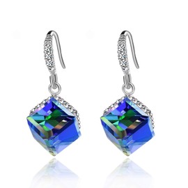 Austrian Crystal Cube Drop Dangle Earrings for Women 14K Gold Plated Hypoallergenic Jewelry (Blue Crystal/Silver-tone)