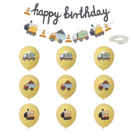 1 Piece Construction Vehicle Birthday Pull Flag, 9 Pieces Balloons With 1 Roll Of Ribbon, Decoration For Children'S Birthday, Car Decoration, Excavator Decoration, Birthday Background Banner