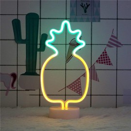 LED Pineapple Neon Signs Warm White LED Neon Light Sign with Holder Base Battery/USB Operated Light up for for Luau Summer Party Christmas Birthday Wedding Table Decoration Children Kids Gifts