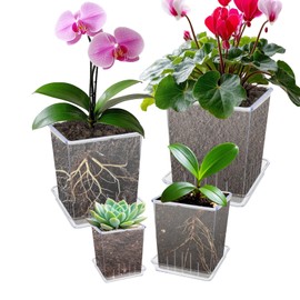 WHFDCai 4 Pack Clear Acrylic Orchid Pots, 3.1/3.9/4.7/5.9 Inch Plant Pots Thickened with Drainage Hole and Saucer, Square Nursery Pots Plastic Planter Breathable Orchid Pots for Indoor Outdoor