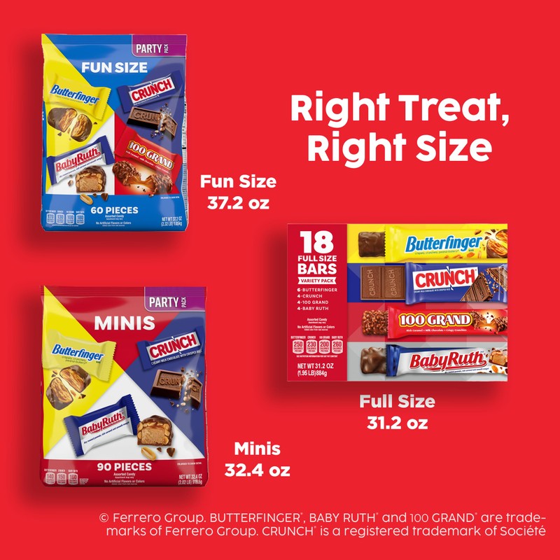 Butterfinger, CRUNCH, Baby Ruth, 100 Grand Minis, Assorted Candy Bars,