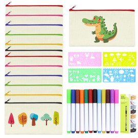 FINEASY Pack of 12 DIY Fabric Pencil Cases, Fabric Bag Zip, Bags for Painting for Children with 12 Coloured Pens and 4 Pieces Painting Mould for Crafts, Storage, Children's Birthday Parties,
