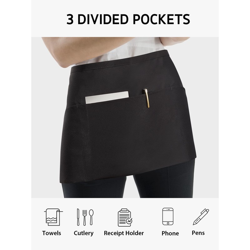 Syntus 3 Pack Server Aprons with 3 Pockets, Waterdrop Resistant