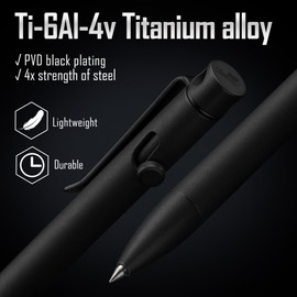 KeyUnity KP01 Bolt Action Pen with Clip, Titanium Alloy EDC Pocket Pen Retractable Metal Ballpoint Pen for Everyday Carry (Black)