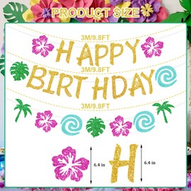 Glittery Gold Tropical Birthday Banner – DIY Luau Party Decorations, Island Adventure Summer Theme, Easy to Assemble Happy Birthday Sign for Girls, Baby Shower, Outdoor Decor