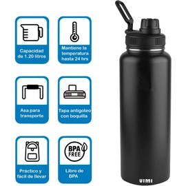 Termo de Acero Inoxidable 1.2 Lt Botella para Agua Fria y Caliente (negro)
