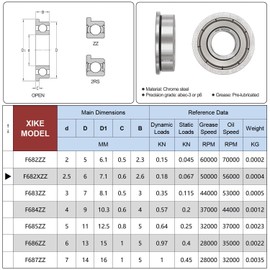 XIKE F682XZZ Flanged Ball Bearings 2.5x6x2.6mm，Double Metal Shield and Pre-Lubricated, Chrome Steel Deep Groove Ball Bearings-10 Pcs.