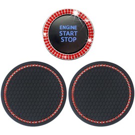 2 Car Cup Holder Coaster and 1 Crystal Rhinestone Engine Push Start Stop Button Cover Decoration, Interior Accessories for Women, Sticker Bling Ignition Ring (Blingallred)