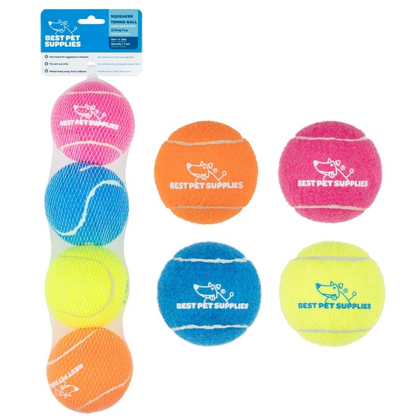 Best Pet Supplies Squeaky Tennis Toys for Dogs, 4-Pack, Heavy-Duty