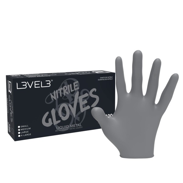 L3VEL3 Silver Nitrile Gloves - Delivers Outstanding Protection - Puncture and Chemical Resistant - Touchscreen Compatible - Made of Synthetic Rubber - Provides Optimal Flexibility - Size M - 100 pc