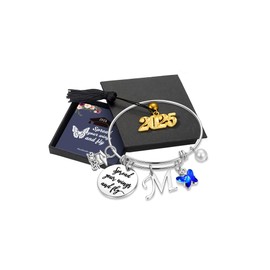 Turandoss Friendship Graduation Gifts for Her - Engraved Inspirational Bangle with 2025 Graduation Grad Cap Mantra Quote Spread Your Wings And Fly Charm Silver Initial M Bracelets for Class of 2025