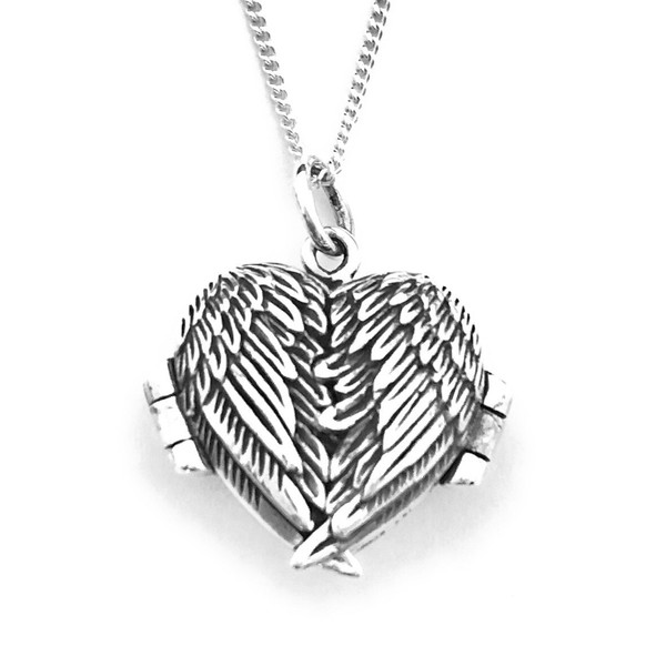 925 Sterling Silver HEART Photo Locket Opening Angel Wings Pendant