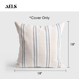 AELS 18x18 Decorative Farmhouse Linen Throw Pillow Covers, Boho Textured Pillow Case, Set of 2,Beige with White & Navy Blue Stitch Yarn Dyed Stripe Cushion Cover for Sofa Couch Living Room(Cover ONLY)