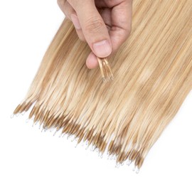 TESS Nano Bead Human Hair Extensions, Nano Ring Hairpieces Nano Tip Hair Extensions Pre-Bonded Seamless Look 50pcs/pack, 16 inch, #18RP613R Camel Mixed Light Gold