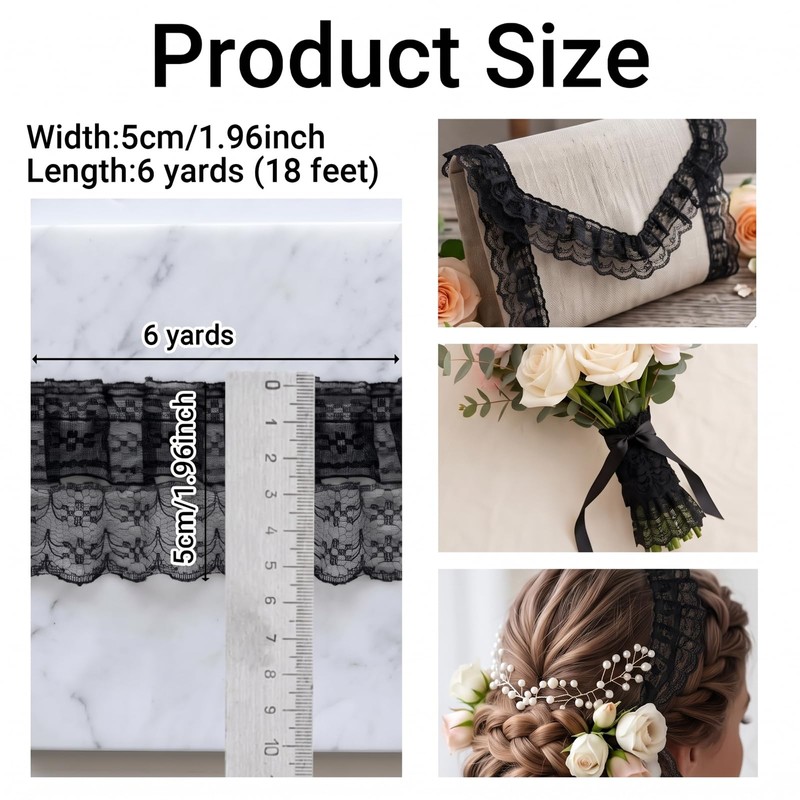 2 Inch Black Chiffon Lace Ruffle Trim 2-Layer Pleated Edge