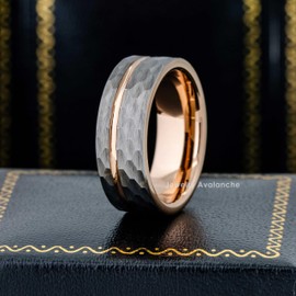 Jewelry Avalanche 8mm Mens 2-Tone Rose Gold Tungsten Wedding Band, Off Center Groove Hammered Finish, Comfort-Fit Pipe Cut Engagement Ring - TN908s13