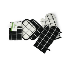 furLong 100% Cotton Eco-Friendly Honey Comb Weave 6-Piece Kitchen Set, 2 Oven mitt, 2 Potholder, 2 Kitchen Towel (Black)