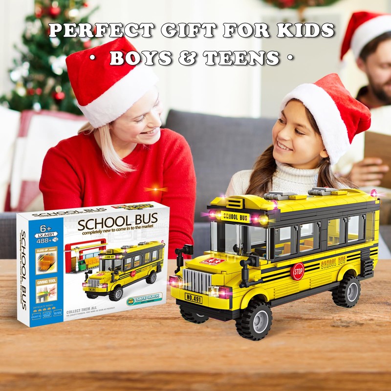 WEMEWEME School Bus Building Blocks Set 488PCS Creative Vehicle Model