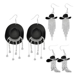 3 Pairs Western Cowgirl Cowboy Hat Earrings Set,Rhinestone Cowboy Boot Earrings,Sparkly Rhinestone Tassels Cowgirl Hat Earrings,Western Earrings for Women,Country Concert Outfits Concho Jewelry Gift