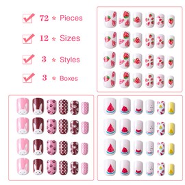 72pcs Kids Fake Nails, Children Press on Full Cover False Nails Tips, Pre Glued Artificial Cute Short Nails Art Kits for Girls Nail Decoration Gift
