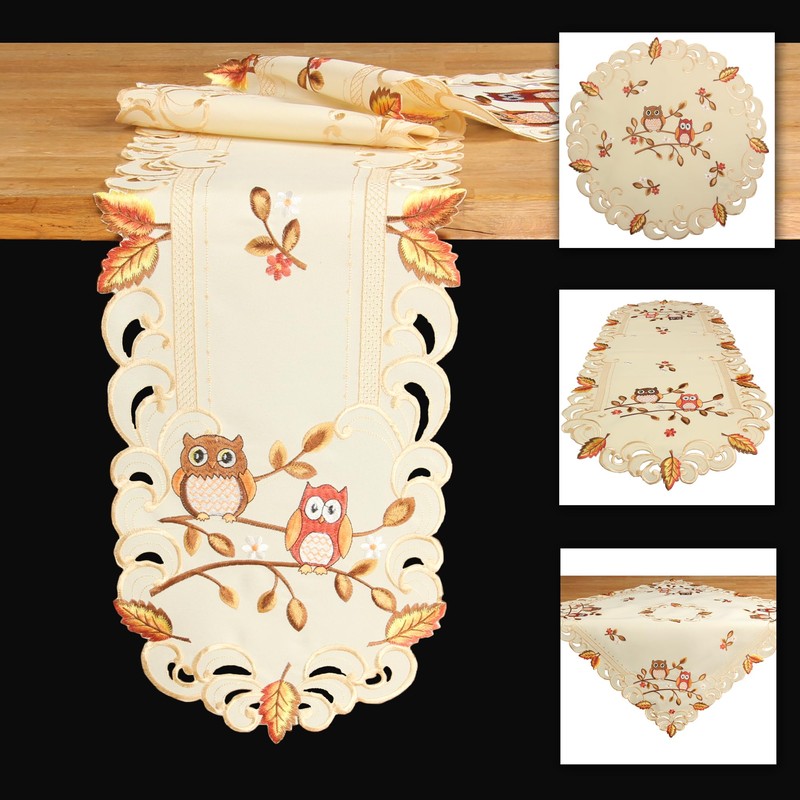 Owl Tablecloth Table Runner Blanket Cushion Cover Linen Look Cream