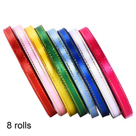 Shappy 8 Rolls 1/4 Inch by 25 Yard Satin Ribbon Double Face Ribbon Fabric Ribbon with Golden Edges, 8 Colors