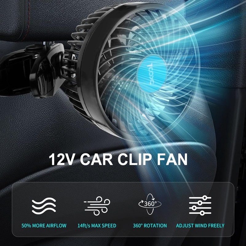 XOOL 12V 6'' Car Fan, Clip Fan 360 Degree Rotatable