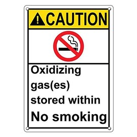 Weatherproof Plastic Vertical ANSI Caution Oxidizing Gas(ES) Stored Within No Smoking Sign with English Text and Symbol