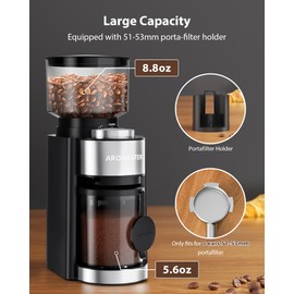 Aromaster Burr Coffee Grinder, Coffee Bean Grinder with 25 Grind Setting, 2-12 Cups Timer, Conical Coffee Grinders for Home Use, 3-Ears Portafilter Holder, Cleaning Brush, Black