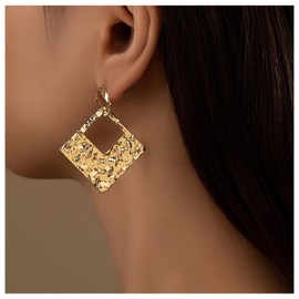 Inilbran Boho Hammered Square Earrings Gold Textured Square Earrings Hollow Square Earrings Vintage Geometric Exaggerated Stud Earrings, Alloy Steel
