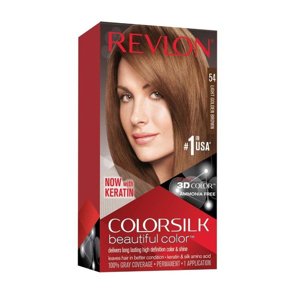 REVLON Colorsilk Beautiful Color Permanent Hair Color with 3D Gel Technology Keratin 100 Gray Coverage Hair Dye, 54 Light Golden Brown, 1 Count