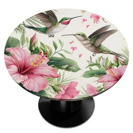 Pardick Round Fitted Tablecloth Tropical Plant Hummingbirds Round Tablecloth with Elastic Edge Circular Table Cover Waterproof Wipeable Table Cloth, Fits Tables up to 36" - 42" Diameter