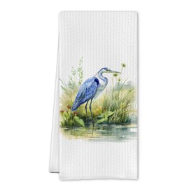 Cilrii Rustic Blue Heron Kitchen Towels, Wetland Botanical Heron Dish Tea Towels for Kitchen Decor, Cottagecore Watercolor Bird Hydrophyte Decorative Hand Towel for Bathroom, 16x24 Inch
