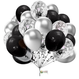 Black and Silver Balloons Pack of 30Pcs, 10 Inch Metallic Silver Black Confetti Balloons, Birthday Party Helium Balloons for Men Boys Baby Shower Wedding Graduation New Year Party Decorations