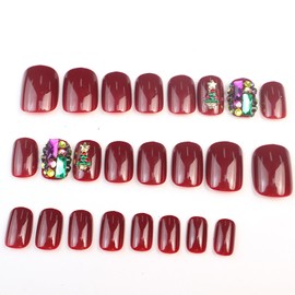 Christmas Press on Nails Short 24Pcs Red Artificial Short Square Fake Nails for Winter Glossy False Nails with Xmas Tree Gems Designs Full Cover Glue Acrylic Fingernails for Women Girls