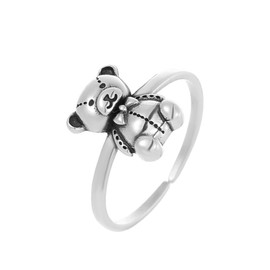Vintage Bear S925 Sterling Silver Adjustable Open Stacking Rings for Women Cute Animal Extendable Knuckle Middle Tail Thumb Finger Band Comfort Fit Eternity Engagement Statement Wedding Jewelry,