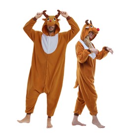 NEWCOSPLAY Unisex Adult Brown Reindeer Onesie Plush One Piece Pajamas Christmas Costume(Brown Reindeer,Medium)