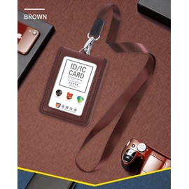 Porta Gafete con Cordón,Tarjetero de Cuero Genuino,Soporte para Tarjetas de Identificación con Ventana Vertical Transparentepara el Cuello para Oficina, Negocios, Trabajo (Marrón)