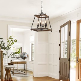 9MMML 4-Light 𝐋𝐚𝐧𝐭𝐞𝐫𝐧 𝐂𝐡𝐚𝐧𝐝𝐞𝐥𝐢𝐞𝐫, Industrial Black Geometric Pendant Light Fixture with Adjustable Chain, 16'' Rustic Wood Cage Chandelier for Dining Room, Kitchen Island, Entryway