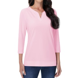 YUCOLEN Women's 3/4 Length Sleeve Tops V Neck Solid Color Tunic Casual Basic Trendy T Shirts LightPink M