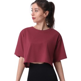 Cosy Pyro 4-Pack Women's Cotton Crop T-Shirts Short Sleeve Solid Cropped Athletic Top Round Neck Casual Workout Yoga Tees Black/Gray/Navy/Wine XL