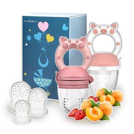 Chupón Para Fruta Y Papilla con Seguro Y Tapa Dibujos Animados, 2 piezas, Libre de BPA (ROSA Y BLANCO ROSA)
