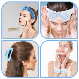 Zkptops Spa Headband for Washing Face Wristband Set Sponge Makeup Skincare Terry Cloth Bubble Soft Hairband Hair Claw Clips for Thick Hair Puffy Padded Headwear Non Slip Hair Accessory (Dark Blue)