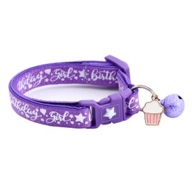 Collar de gato para niña de cumpleaños con dije y campana, cuello de seguridad separable, tamaño grande ajustable o collar de gatito (morado, S (10 libras y menos))