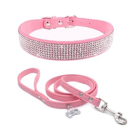 Dogs Kingdom Shining Rhinestones Dog Collar Leash Set - Made of Soft Velvet Material - Cute Bone Tag Dog Cat Collar Leash Set - Adjustable for Girl Or Female Dogs Cats,Pink,XXL:18-22" Neck