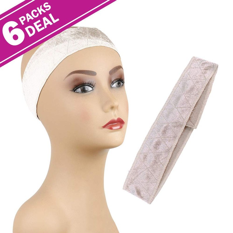 6 PACK!! No-Slip Comfort Adjustable Wig Grip Velvet Band (Beige)