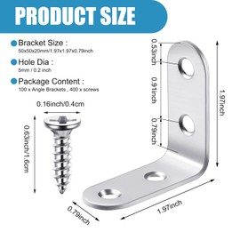 Pelopy 100 Pcs L Shaped Bracket Corner Brace Stainless Steel 90 Degree Corner Brace Heavy Duty Right Angle Bracket for Wood Furniture Chair Drawer Cabinet with Screws (1.97 x 1.97 Inch)