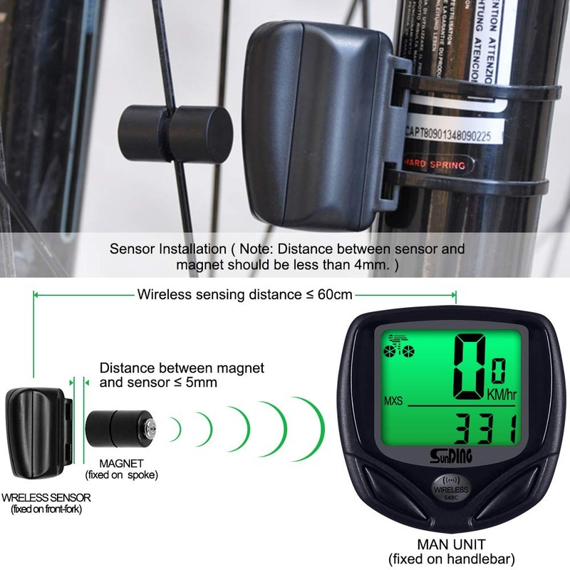 Water-Proof Bike Computer with Compass, MAXIN Wireless Bike Speedometer with